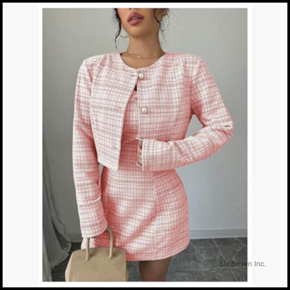 Polyester Plaid 2-Piece Set Cropped Jacket and Mini Dress - Picture 4 of 5